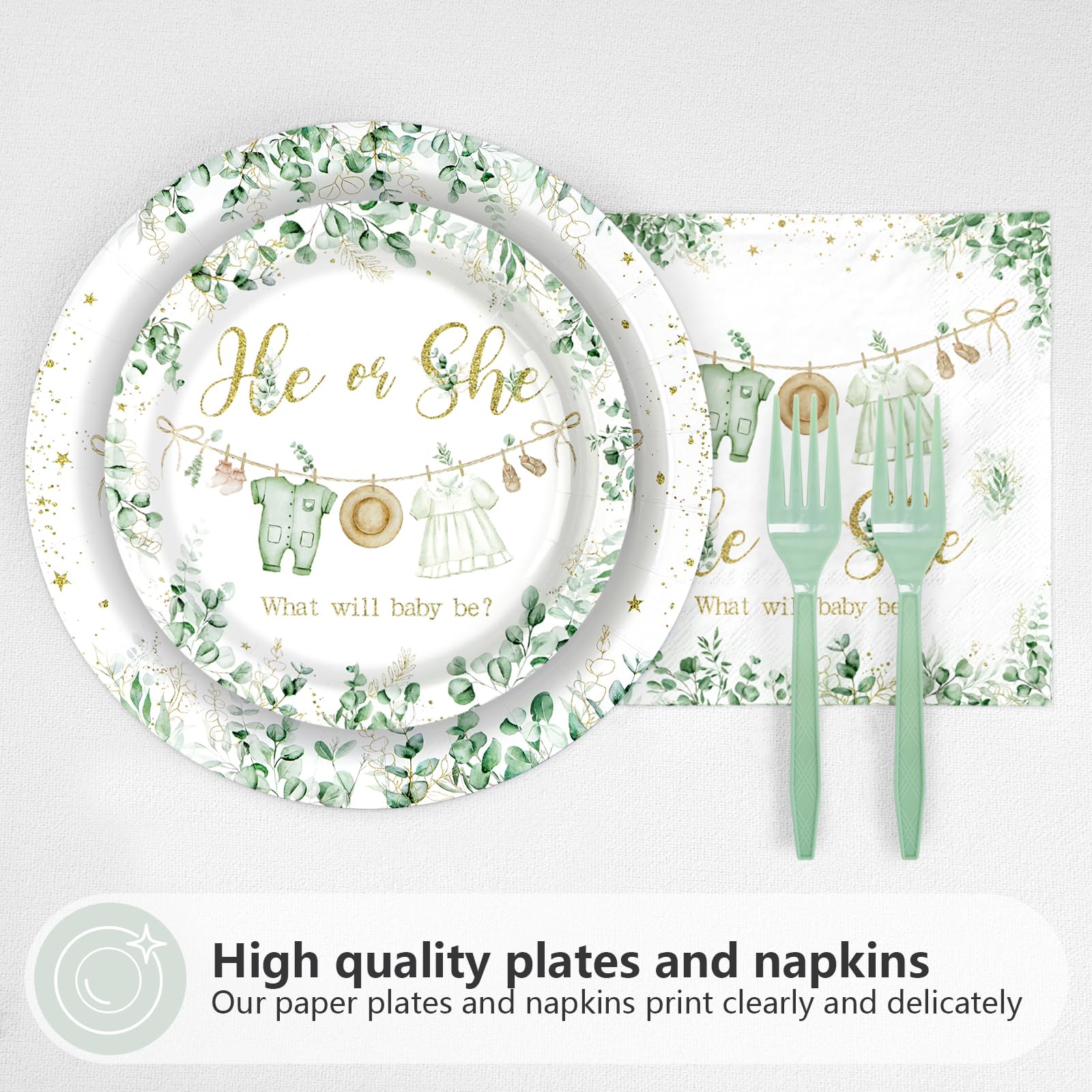 96 Pcs Sage Leaf Gender Reveal Party Plates and Napkins - Grencian