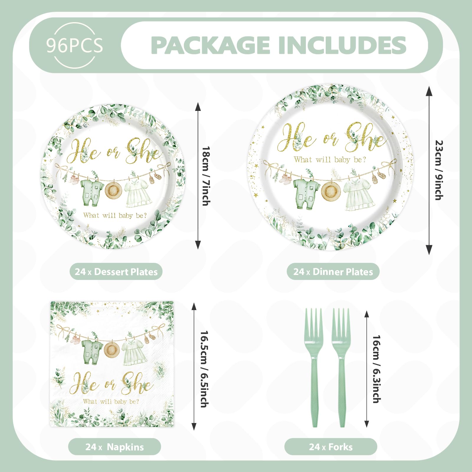 96 Pcs Sage Leaf Gender Reveal Party Plates and Napkins - Grencian
