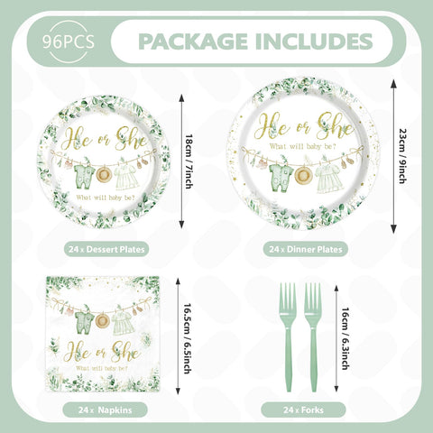 96 Pcs Sage Leaf Gender Reveal Party Plates and Napkins - Grencian