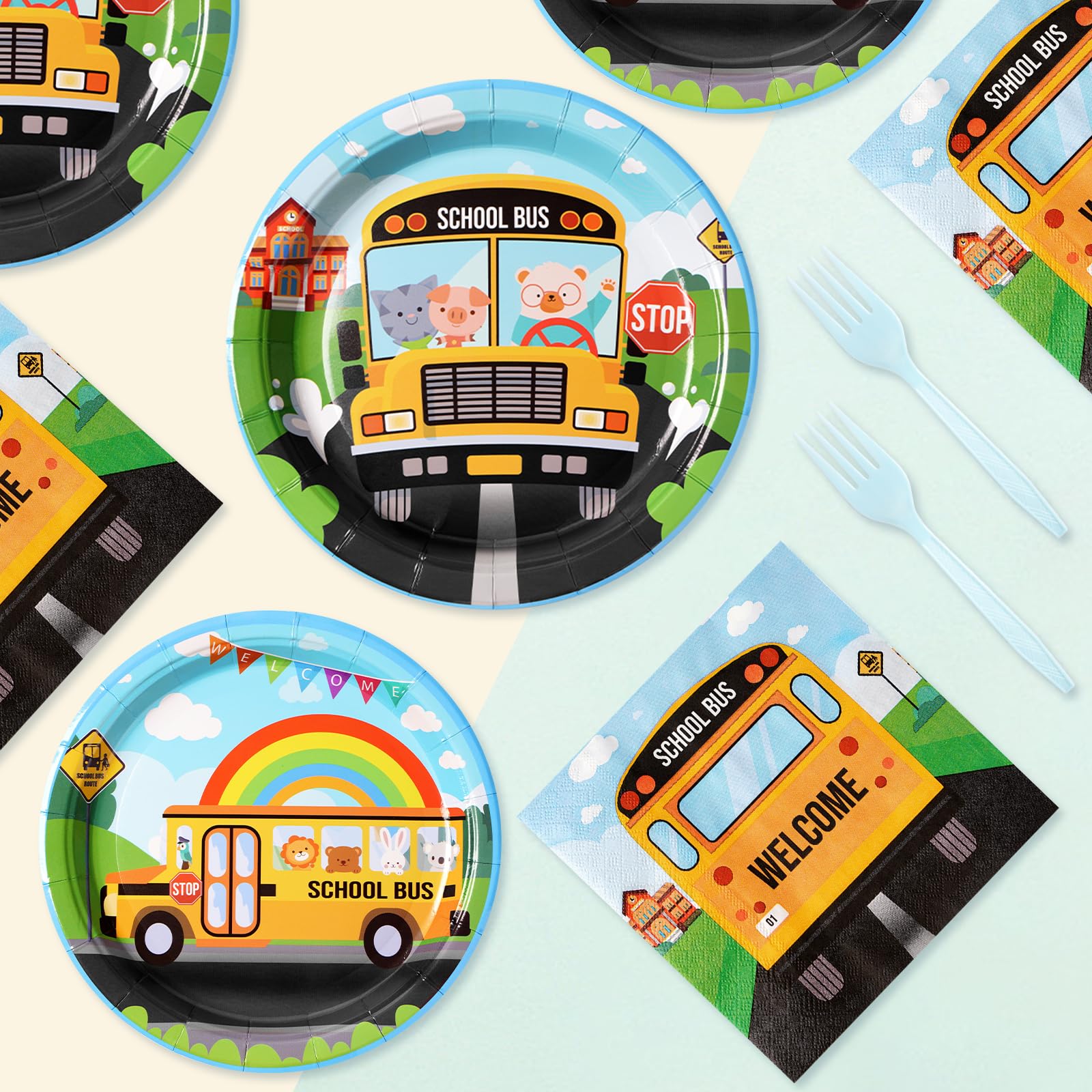 96 Pcs School Bus Party Plates and Napkins - Grencian