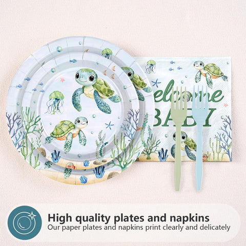 96 Pcs Sea Turtle Baby Shower Party Plates and Napkins - Grencian