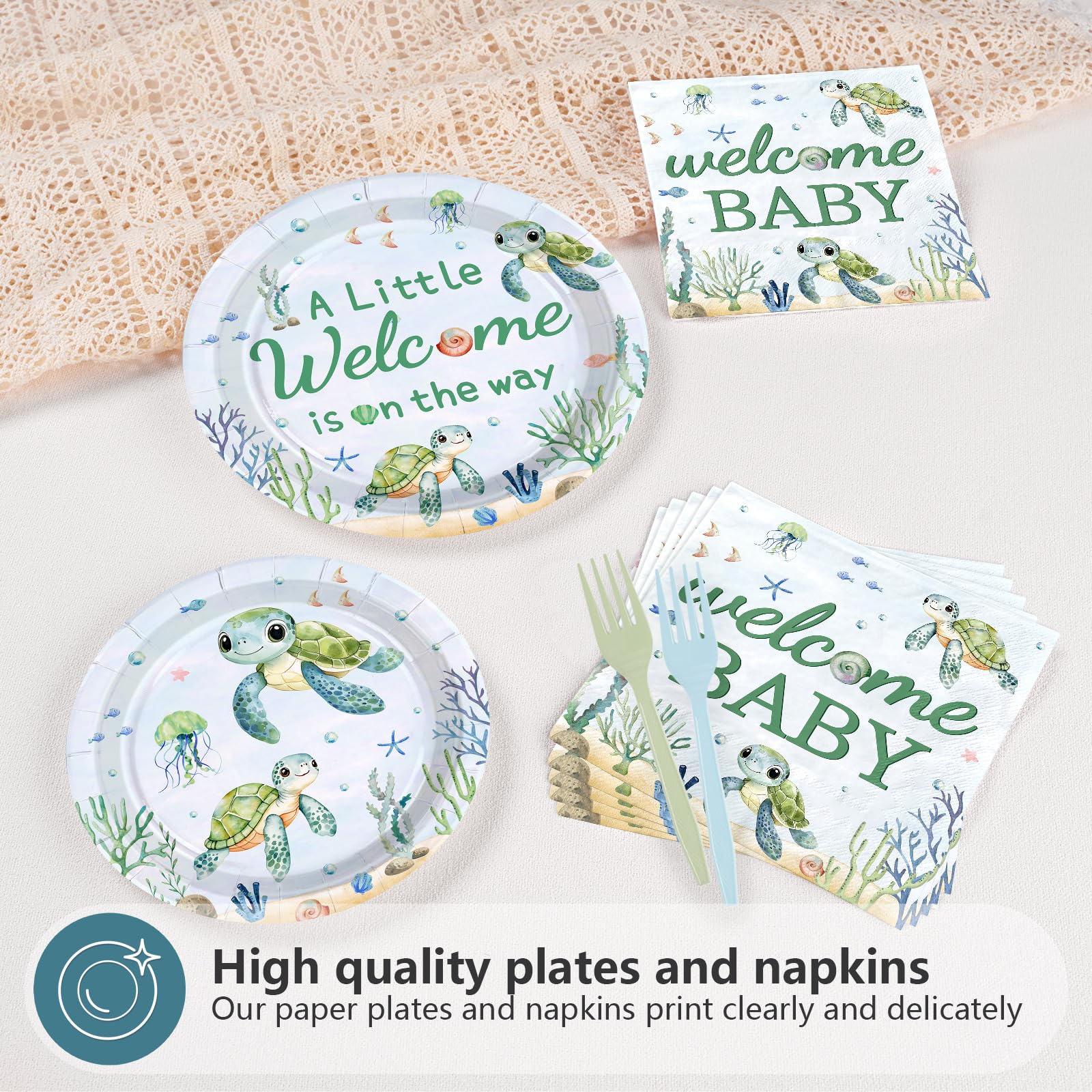 96 Pcs Sea Turtle Baby Shower Party Plates and Napkins - Grencian