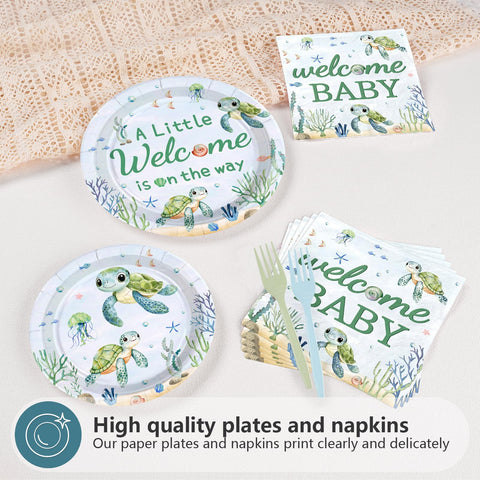 96 Pcs Sea Turtle Baby Shower Party Plates and Napkins - Grencian