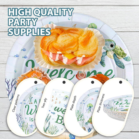 96 Pcs Sea Turtle Baby Shower Party Plates and Napkins - Grencian
