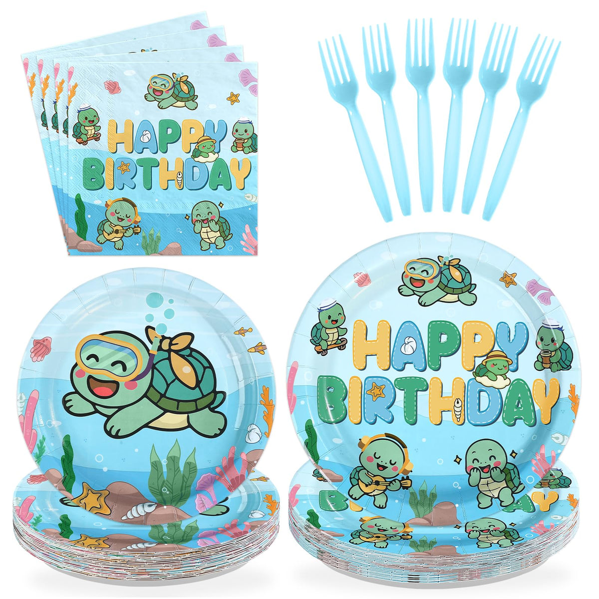 96 Pcs Sea Turtle Birthday Party Plates and Napkins - Grencian