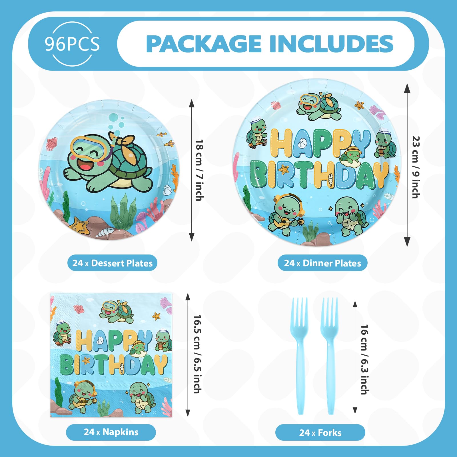 96 Pcs Sea Turtle Birthday Party Plates and Napkins - Grencian