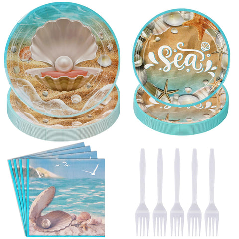 96 Pcs Seashell Beach Party Plates and Napkins - Grencian