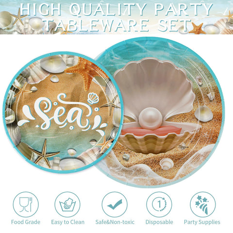96 Pcs Seashell Beach Party Plates and Napkins - Grencian