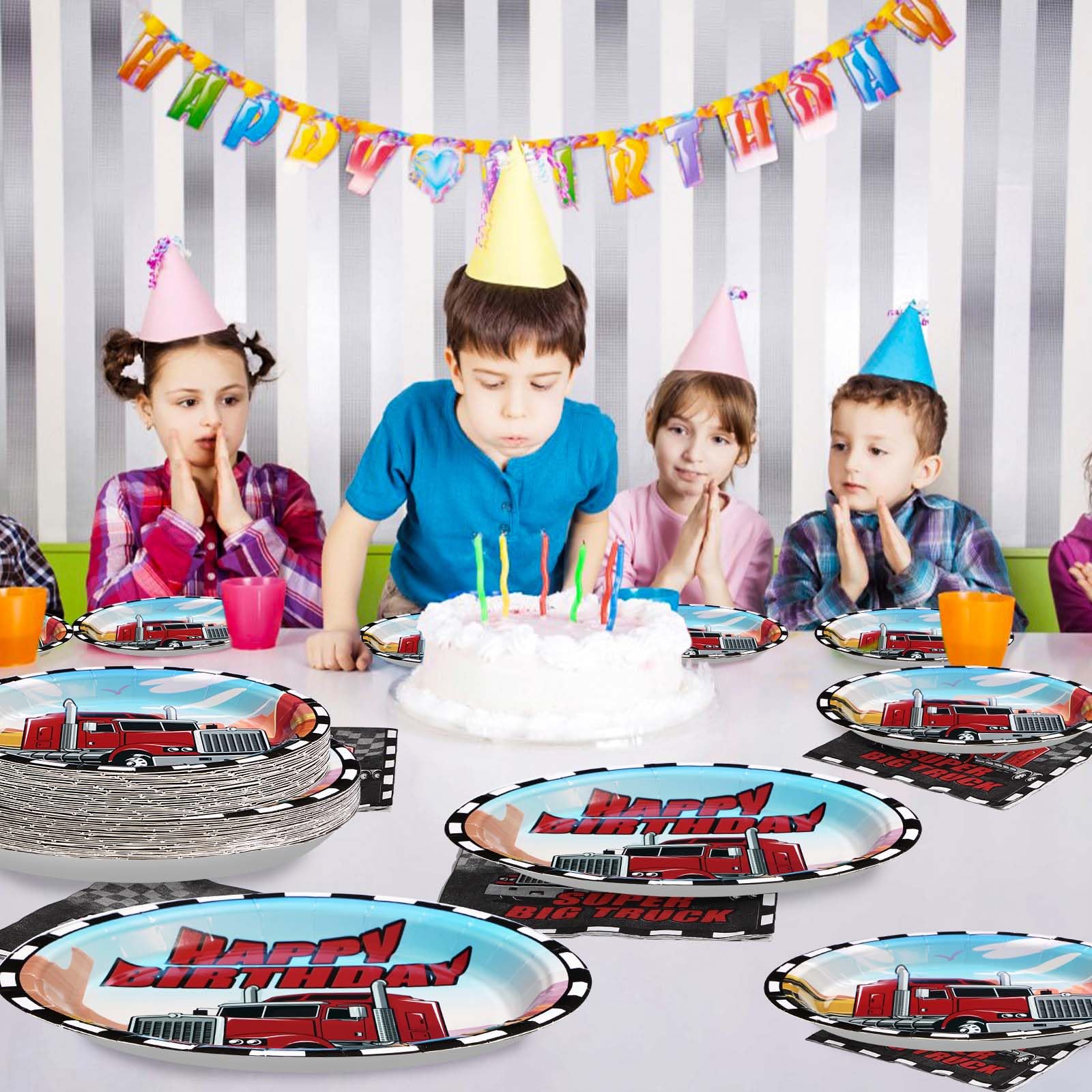 96 Pcs Semi Truck Birthday Party Plates and Napkins - Grencian