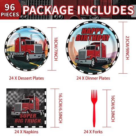 96 Pcs Semi Truck Birthday Party Plates and Napkins - Grencian