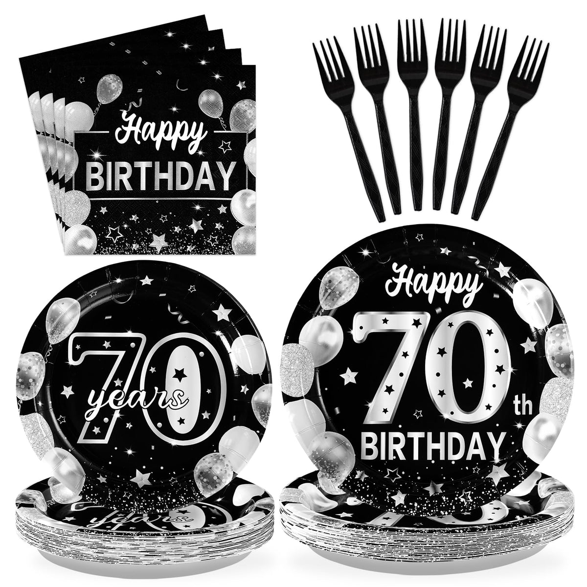 96 Pcs Silver Black 70th Birthday Party Plates and Napkins - Grencian