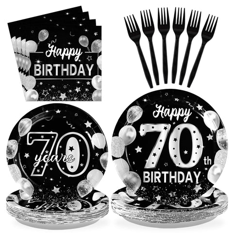 96 Pcs Silver Black 70th Birthday Party Plates and Napkins - Grencian