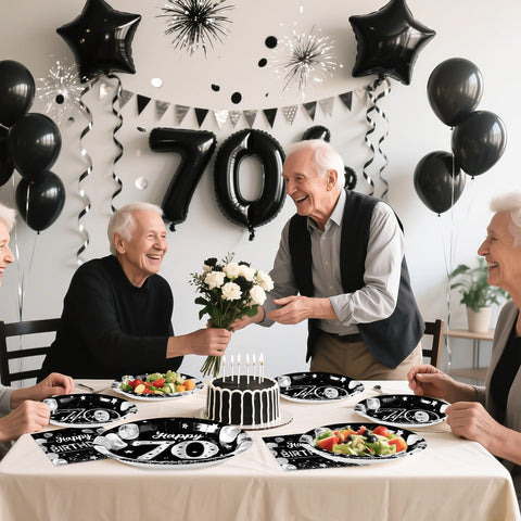 96 Pcs Silver Black 70th Birthday Party Plates and Napkins - Grencian
