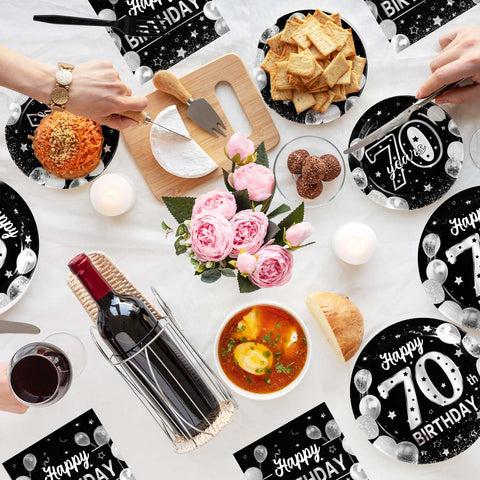 96 Pcs Silver Black 70th Birthday Party Plates and Napkins - Grencian