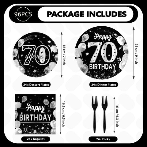 96 Pcs Silver Black 70th Birthday Party Plates and Napkins - Grencian