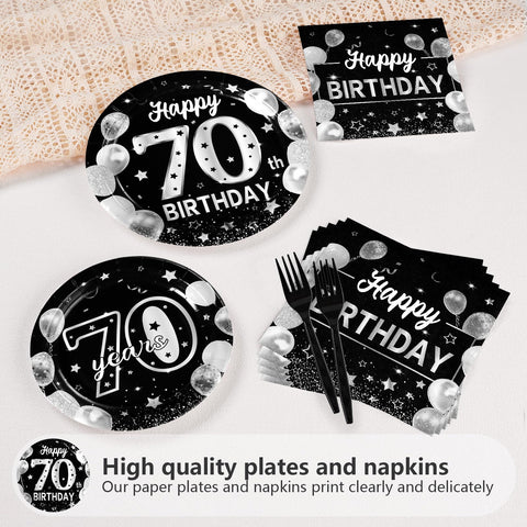 96 Pcs Silver Black 70th Birthday Party Plates and Napkins - Grencian
