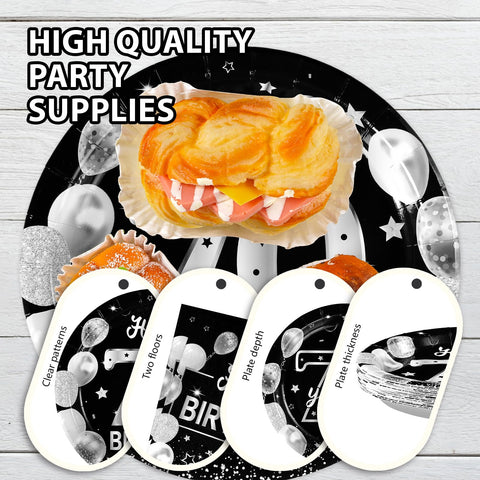 96 Pcs Silver Black 70th Birthday Party Plates and Napkins - Grencian