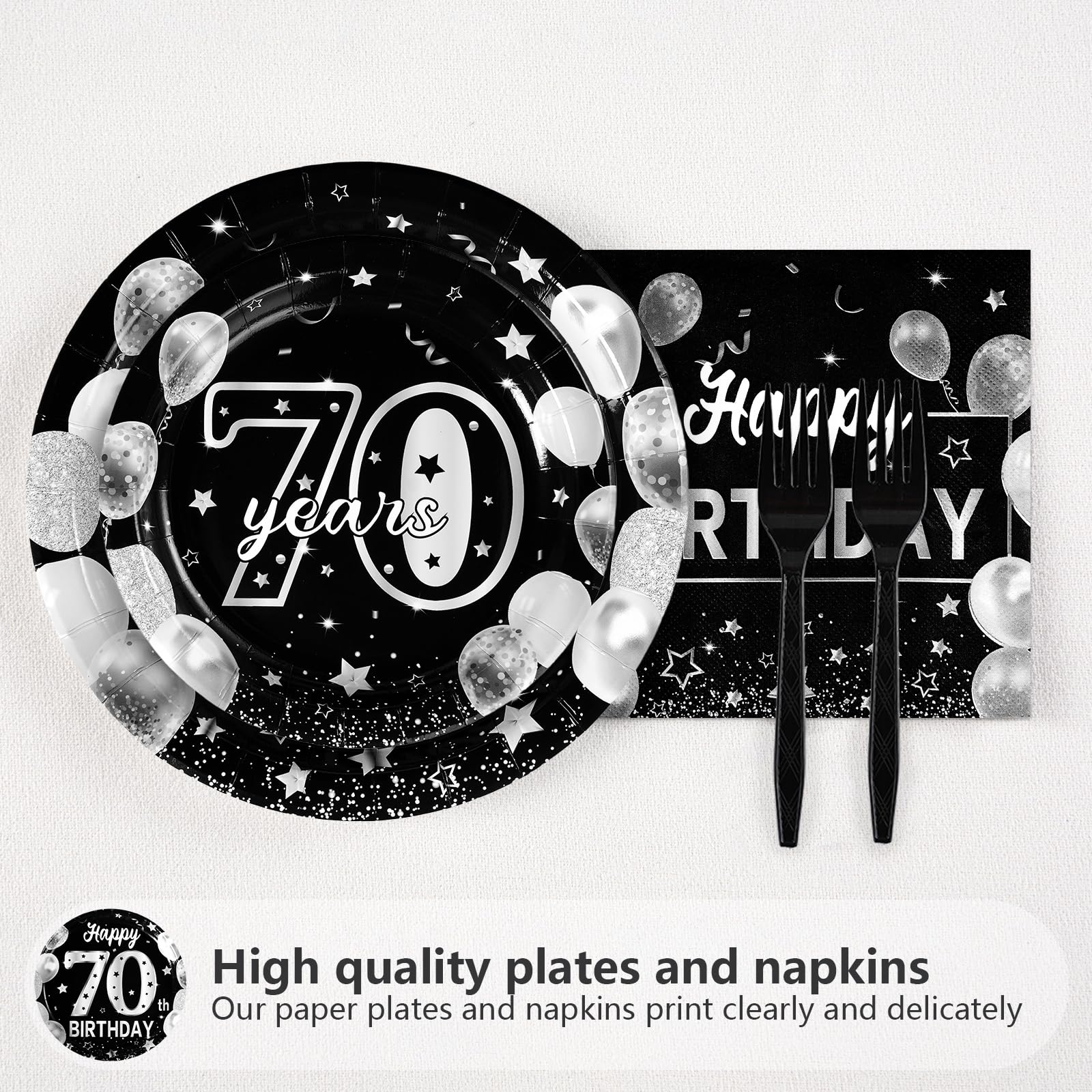 96 Pcs Silver Black 70th Birthday Party Plates and Napkins - Grencian