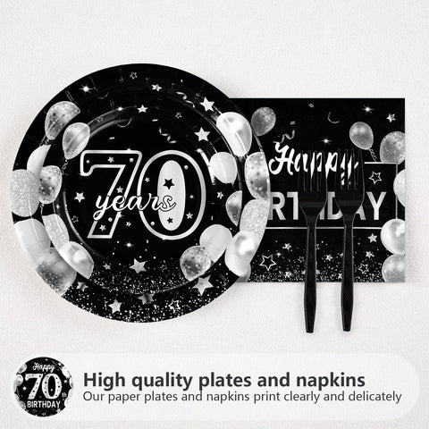 96 Pcs Silver Black 70th Birthday Party Plates and Napkins - Grencian
