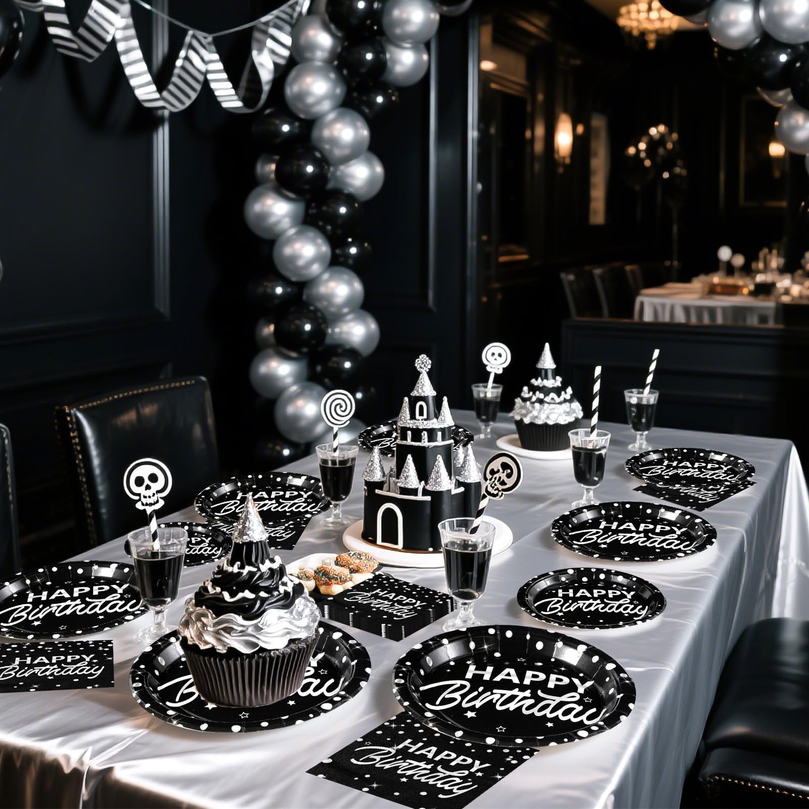 96 Pcs Silver Dots on Black Birthday Party Plates and Napkins - Grencian