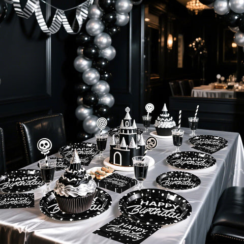 96 Pcs Silver Dots on Black Birthday Party Plates and Napkins - Grencian