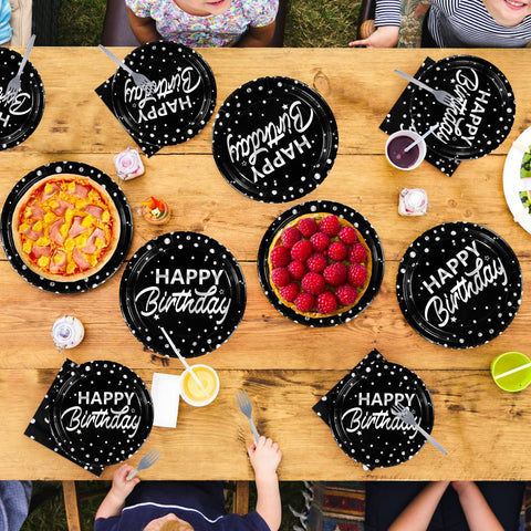 96 Pcs Silver Dots on Black Birthday Party Plates and Napkins - Grencian
