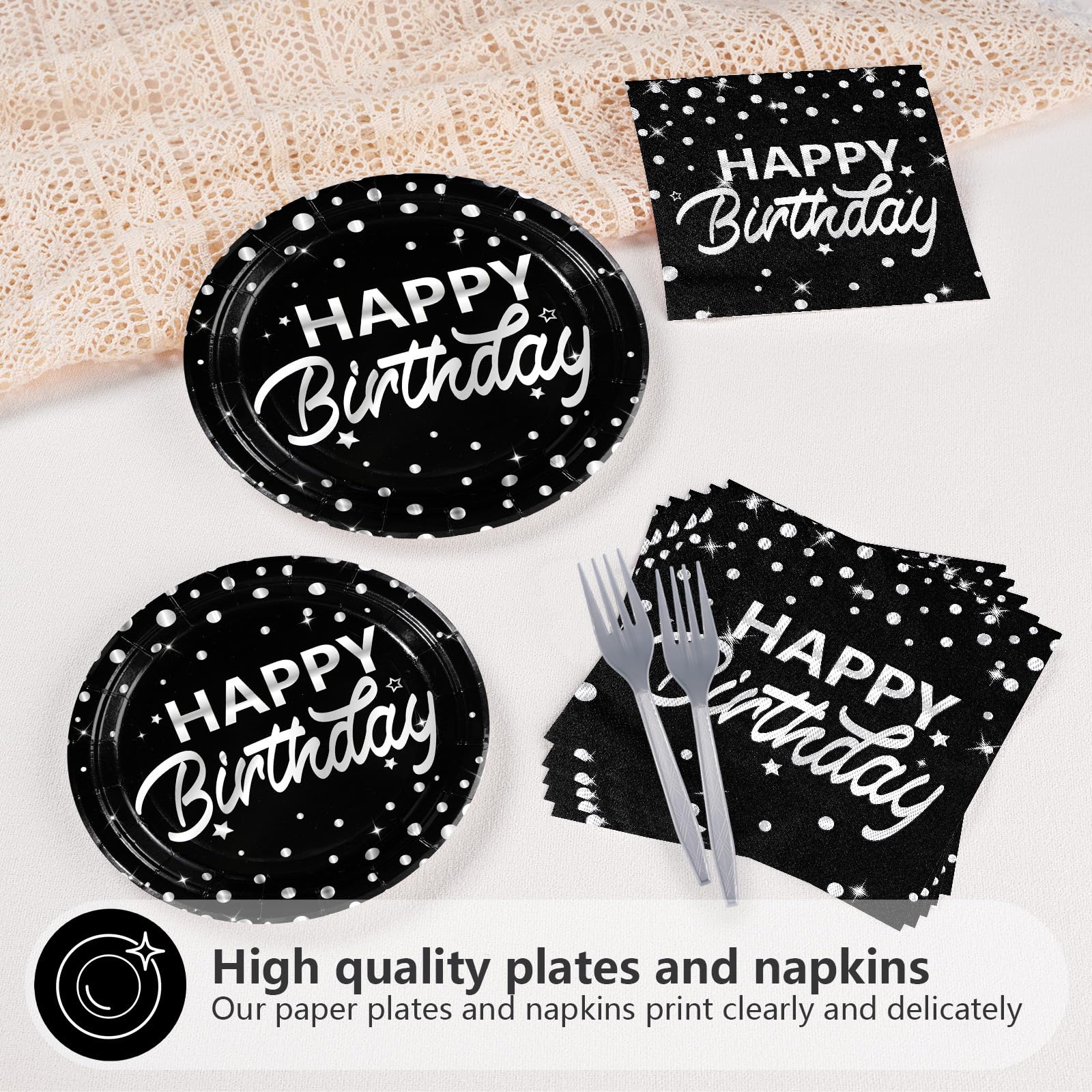 96 Pcs Silver Dots on Black Birthday Party Plates and Napkins - Grencian