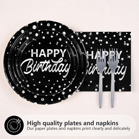 96 Pcs Silver Dots on Black Birthday Party Plates and Napkins - Grencian