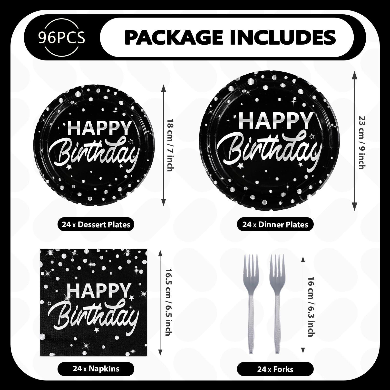 96 Pcs Silver Dots on Black Birthday Party Plates and Napkins - Grencian