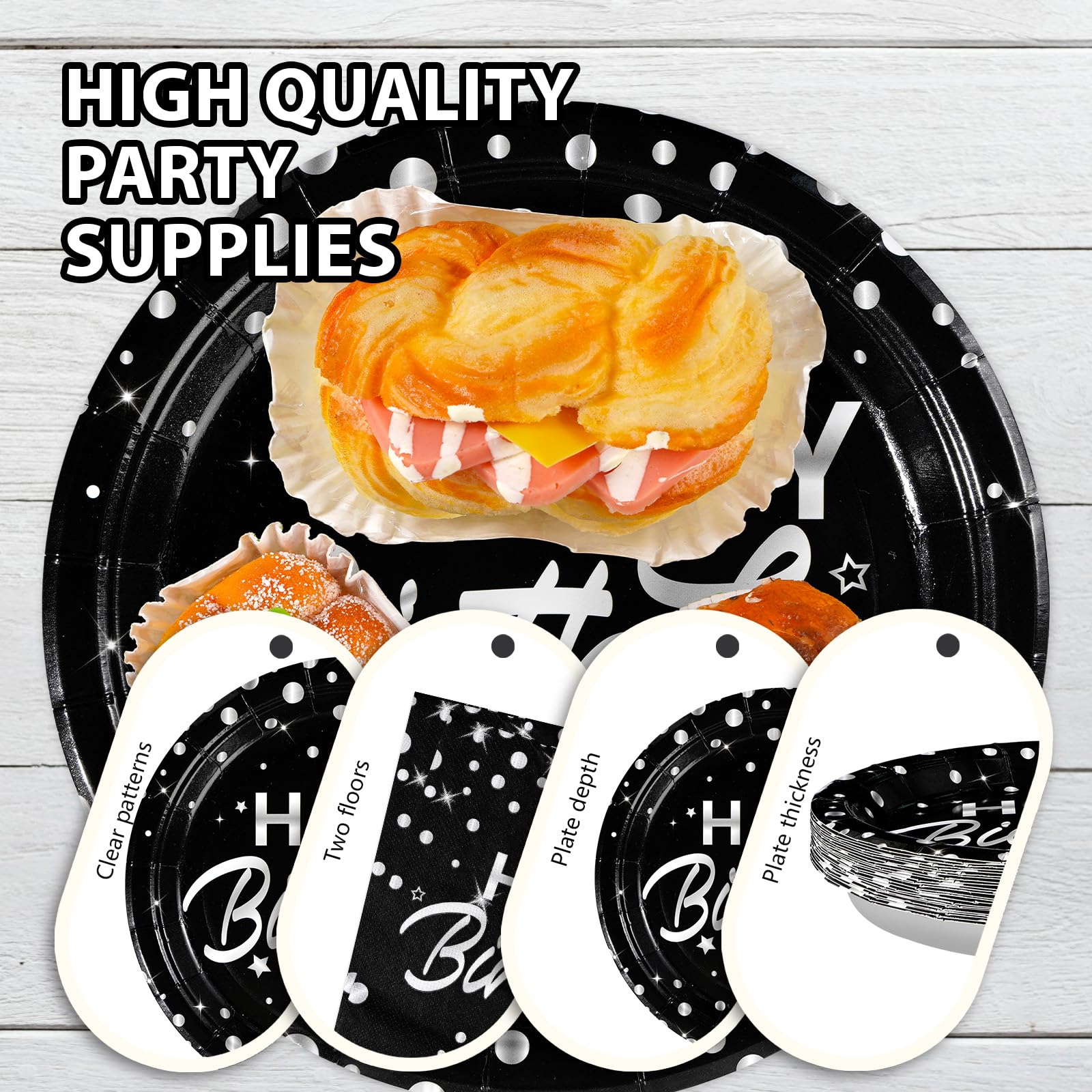 96 Pcs Silver Dots on Black Birthday Party Plates and Napkins - Grencian