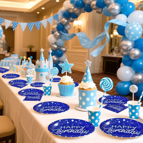 96 Pcs Silver Dots on Blue Birthday Party Plates and Napkins - Grencian