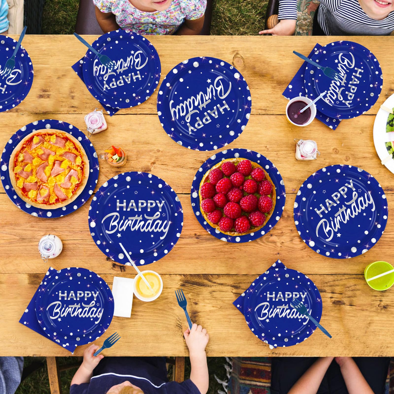 96 Pcs Silver Dots on Blue Birthday Party Plates and Napkins - Grencian