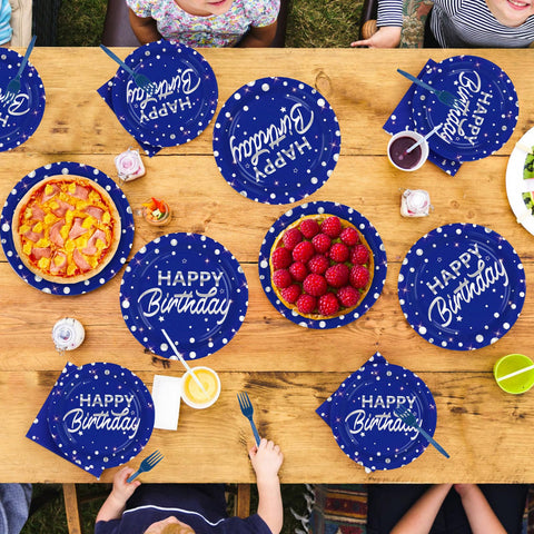 96 Pcs Silver Dots on Blue Birthday Party Plates and Napkins - Grencian