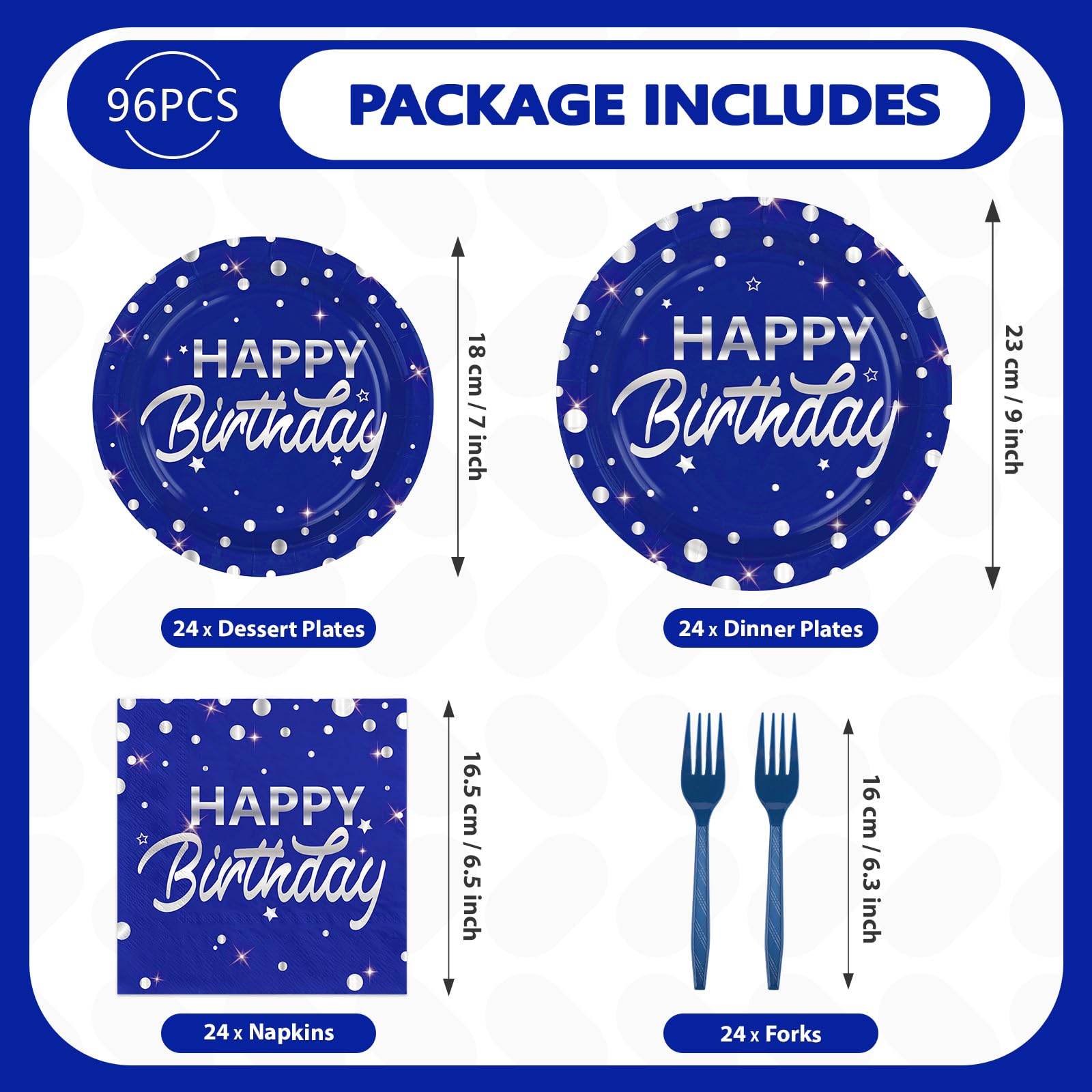 96 Pcs Silver Dots on Blue Birthday Party Plates and Napkins - Grencian