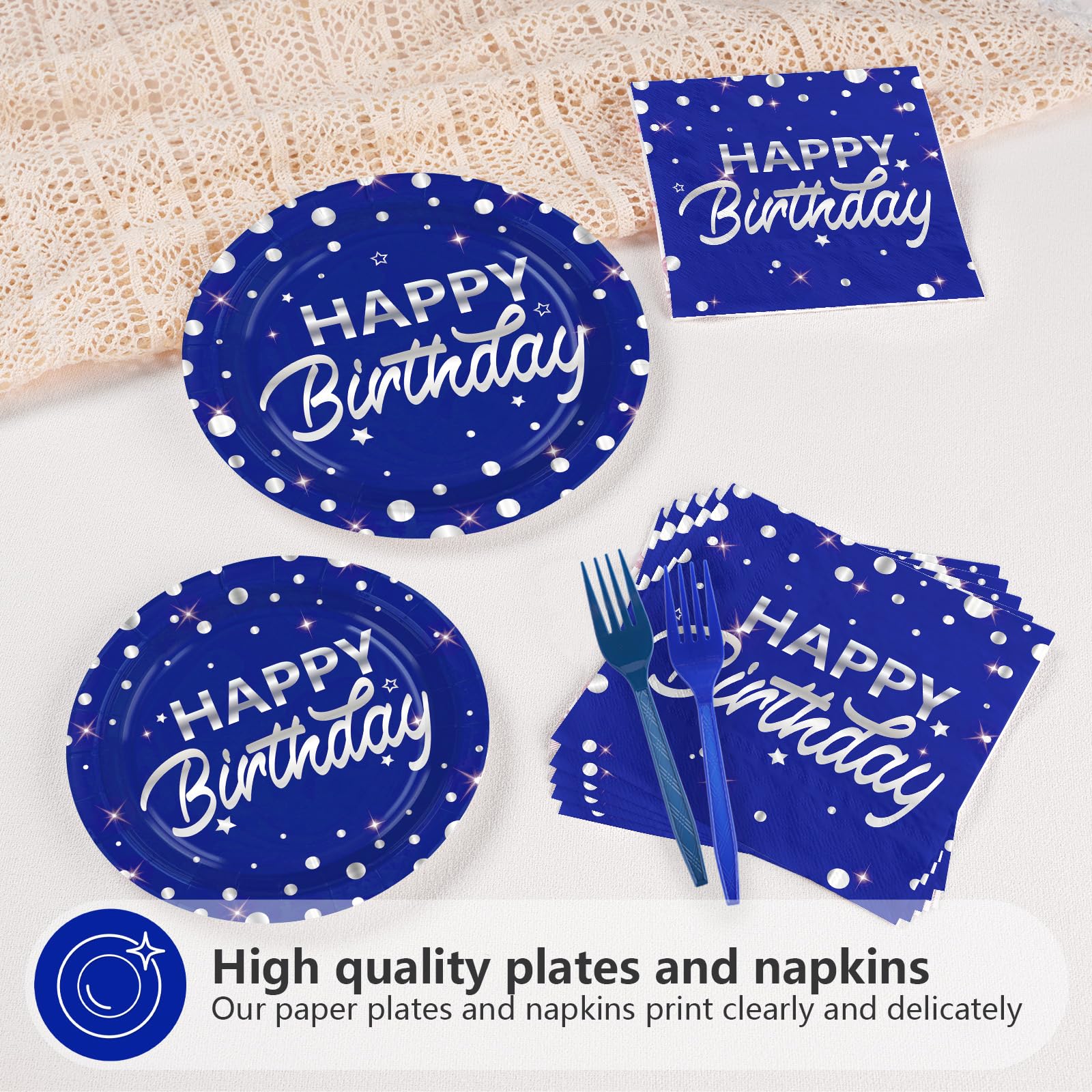 96 Pcs Silver Dots on Blue Birthday Party Plates and Napkins - Grencian