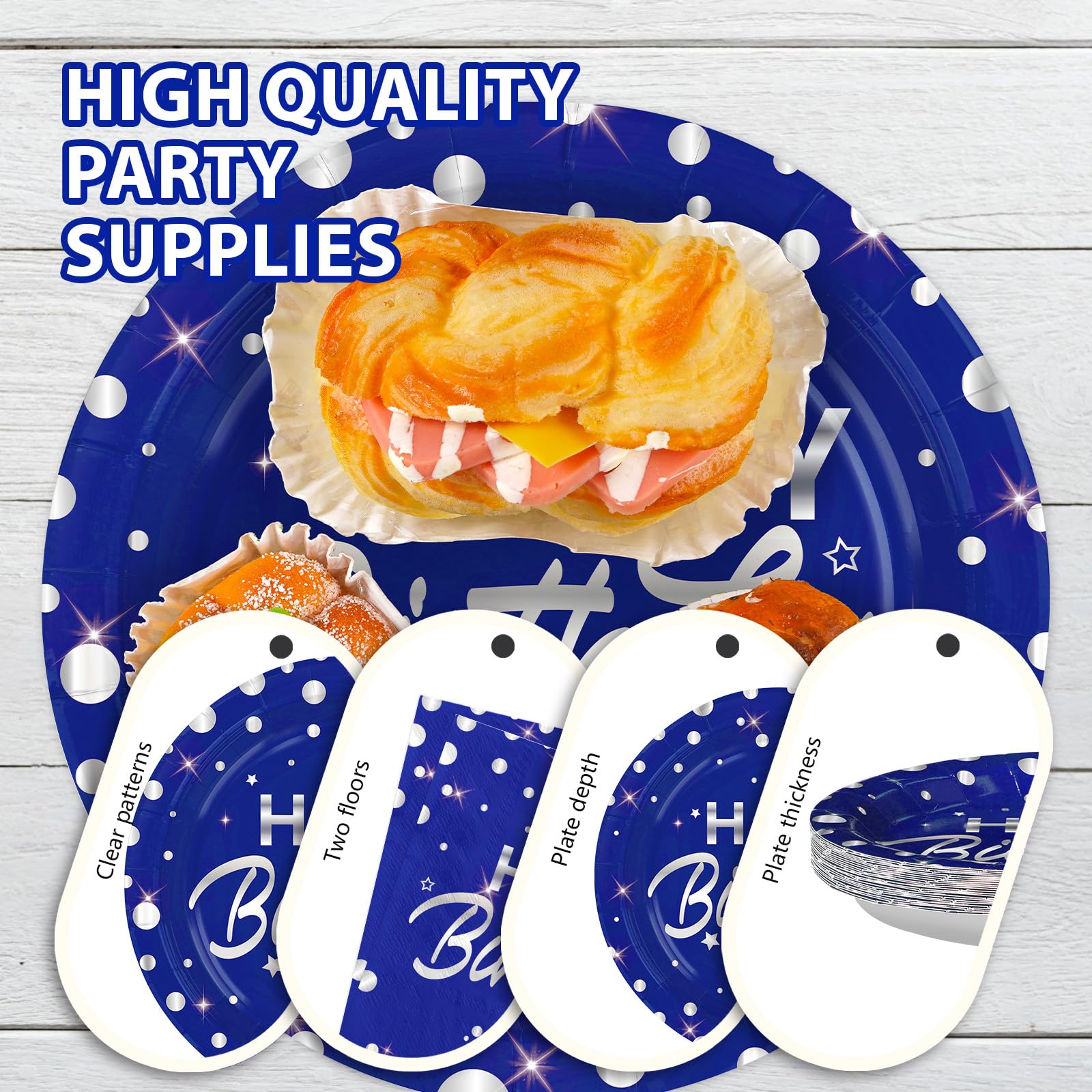 96 Pcs Silver Dots on Blue Birthday Party Plates and Napkins - Grencian