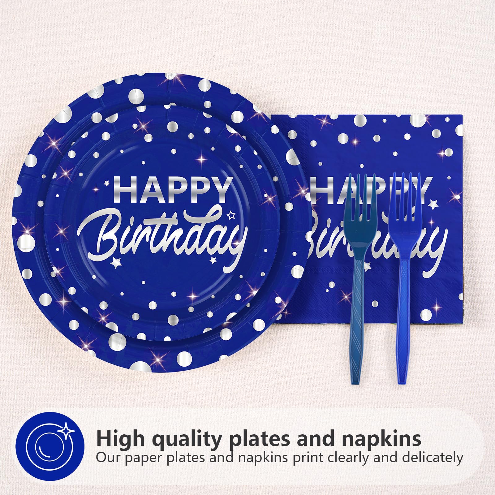 96 Pcs Silver Dots on Blue Birthday Party Plates and Napkins - Grencian