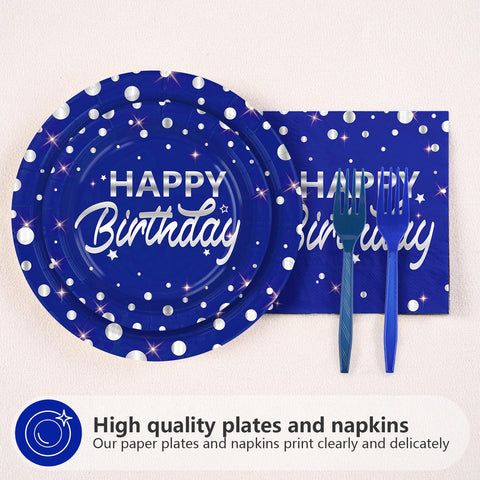 96 Pcs Silver Dots on Blue Birthday Party Plates and Napkins - Grencian