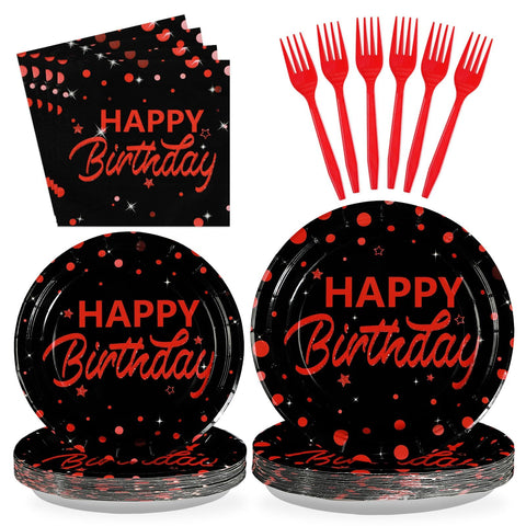 96 Pcs Red Dots on Black Birthday Party Plates and Napkins - Grencian