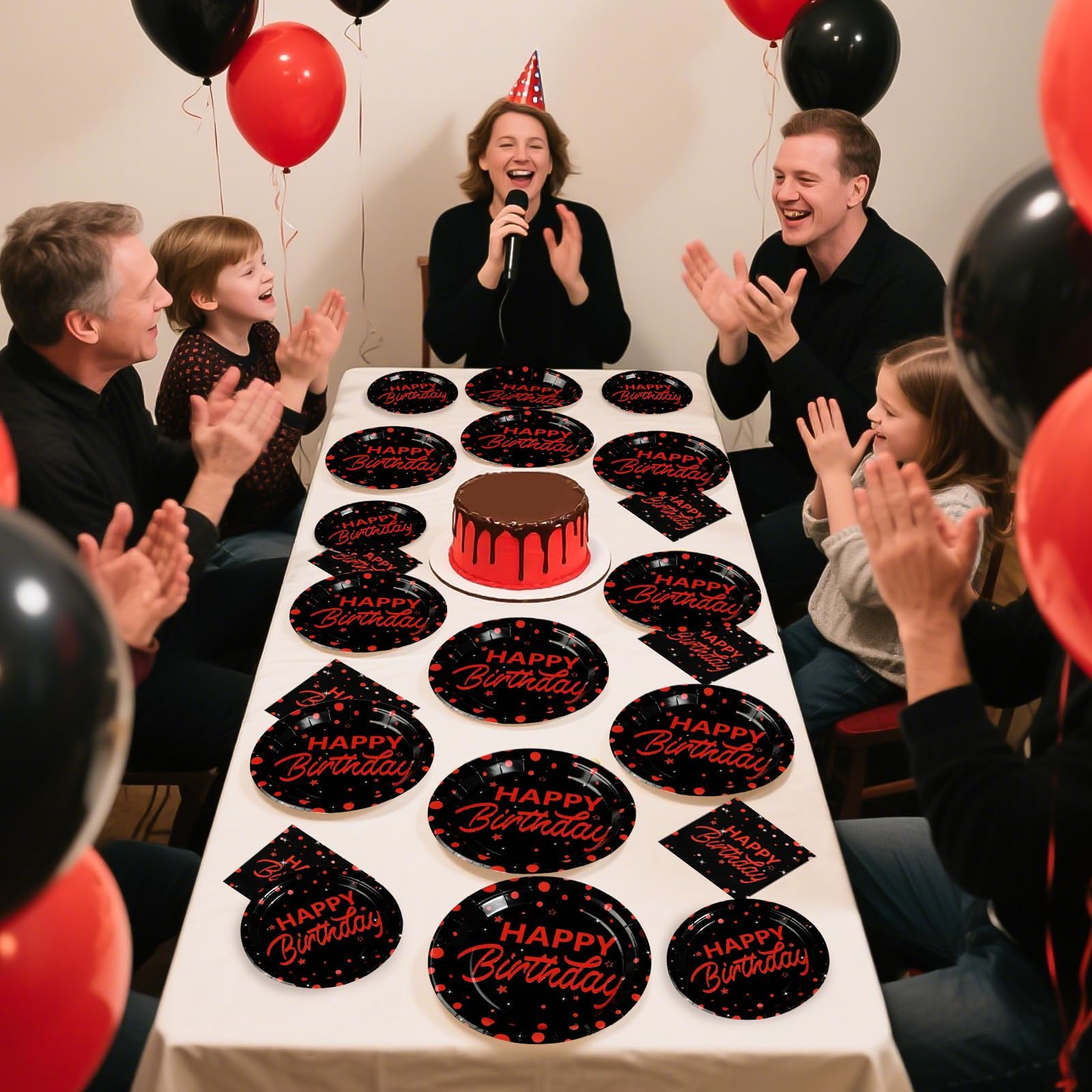 96 Pcs Red Dots on Black Birthday Party Plates and Napkins - Grencian