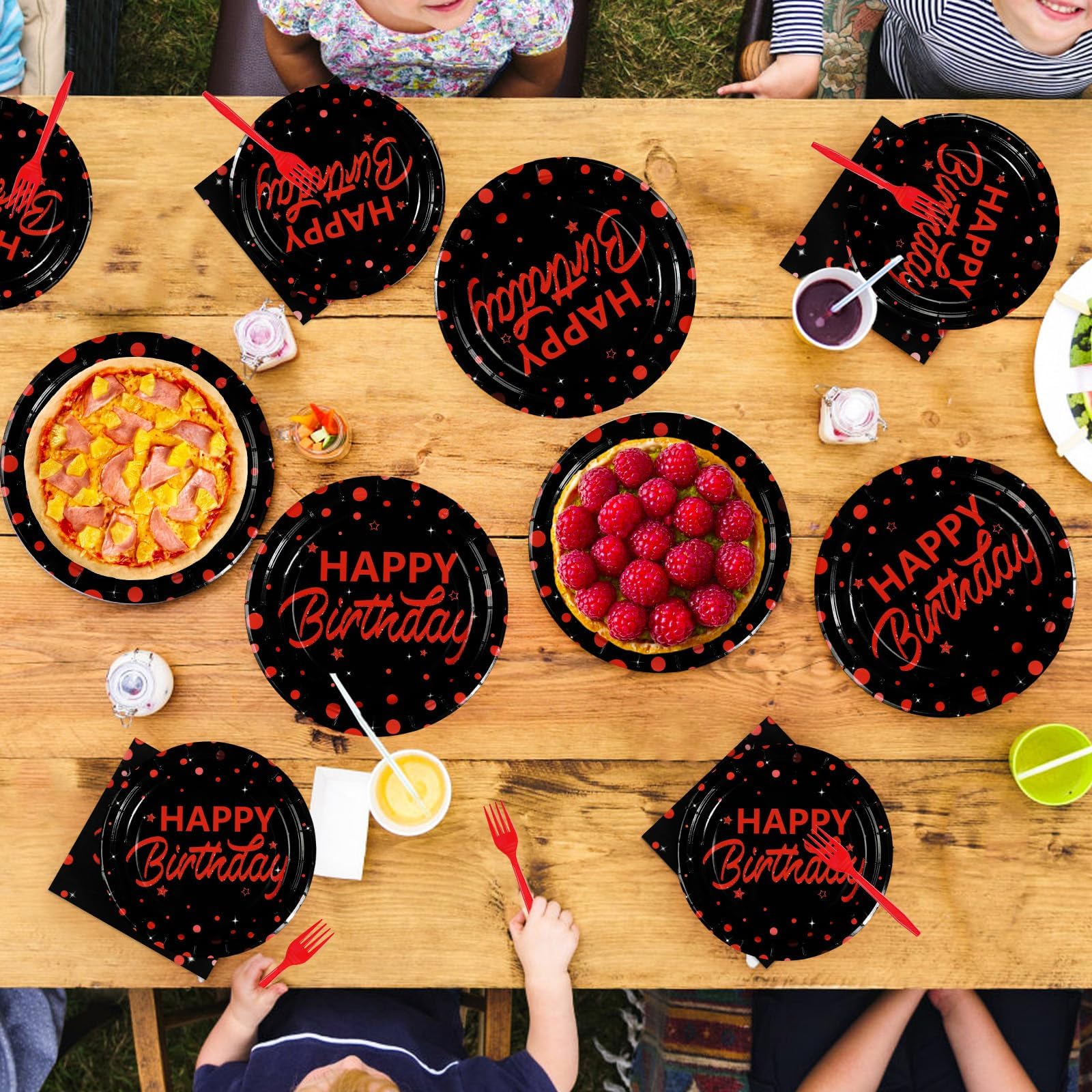 96 Pcs Red Dots on Black Birthday Party Plates and Napkins - Grencian