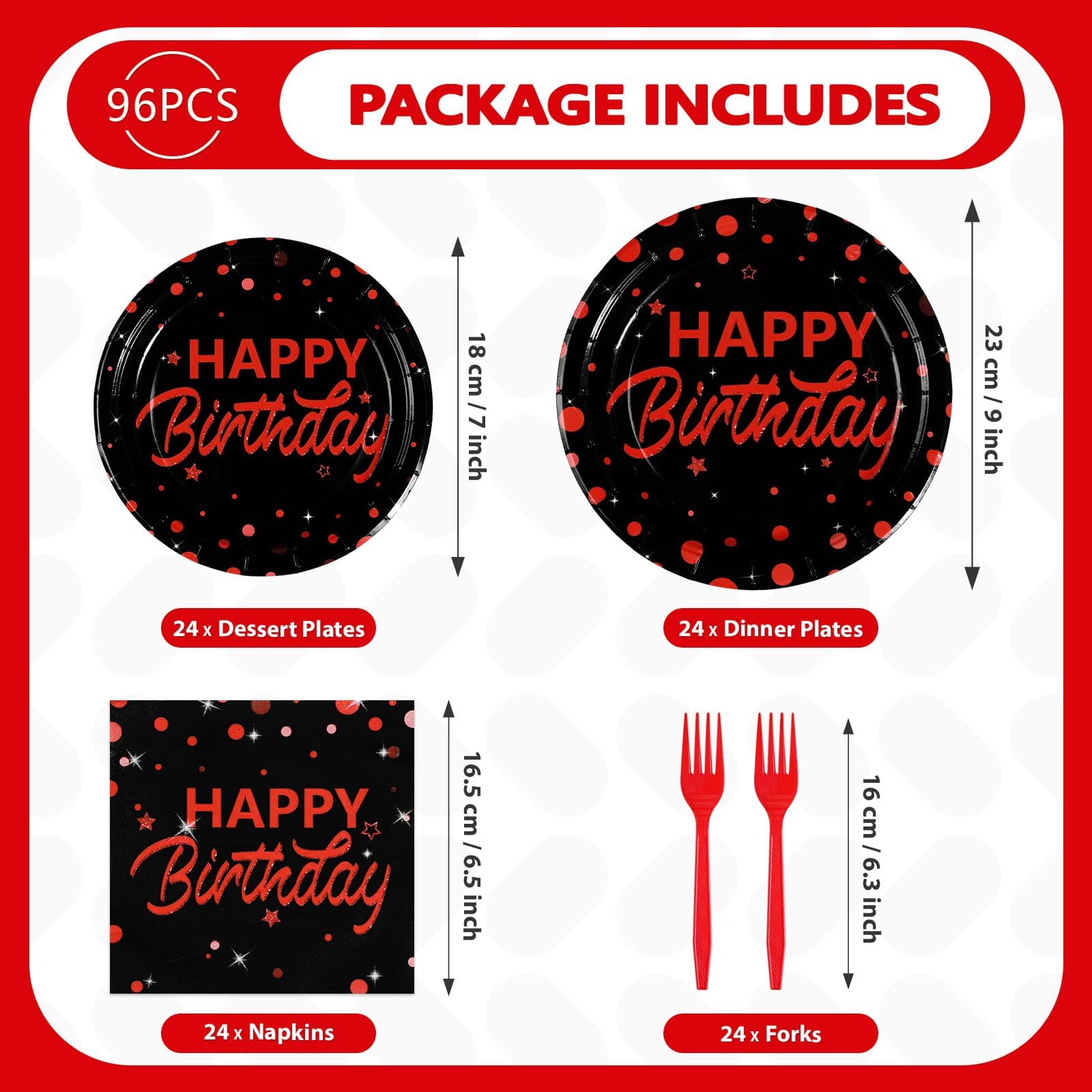 96 Pcs Red Dots on Black Birthday Party Plates and Napkins - Grencian
