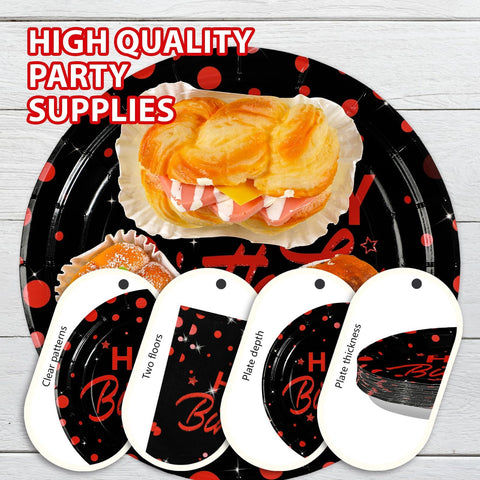 96 Pcs Red Dots on Black Birthday Party Plates and Napkins - Grencian