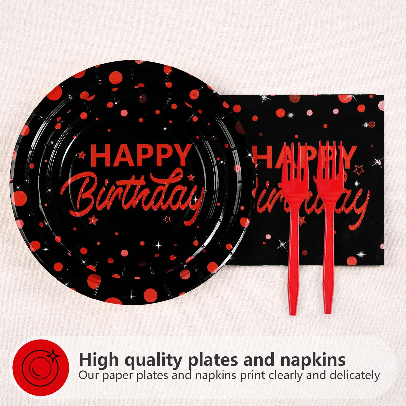 96 Pcs Red Dots on Black Birthday Party Plates and Napkins - Grencian