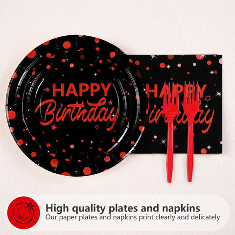 96 Pcs Red Dots on Black Birthday Party Plates and Napkins - Grencian