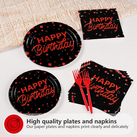 96 Pcs Red Dots on Black Birthday Party Plates and Napkins - Grencian