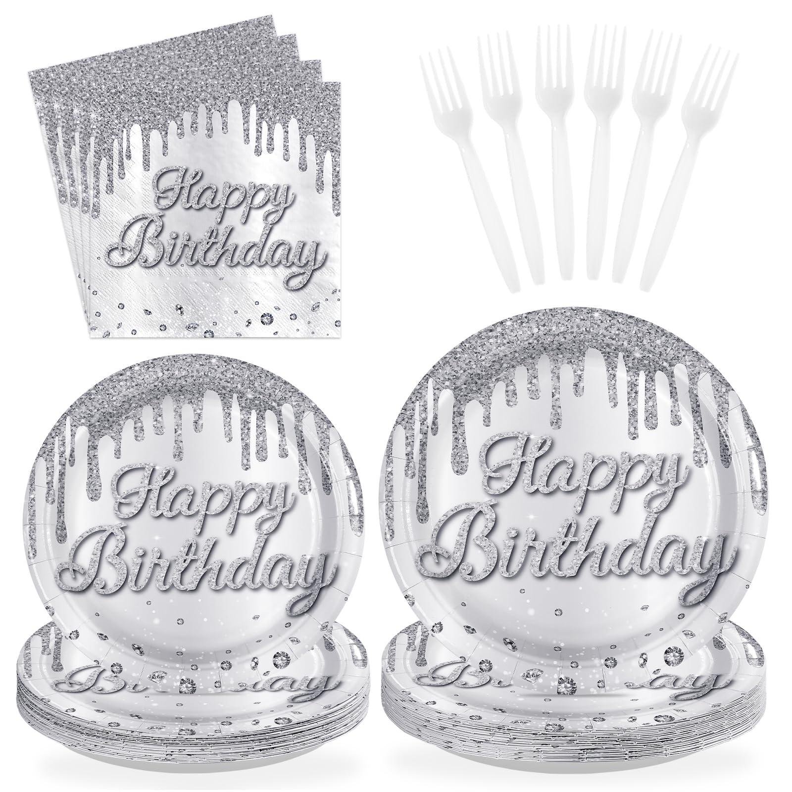 96 Pcs Silver Glitter Birthday Party Plates and Napkins - Grencian