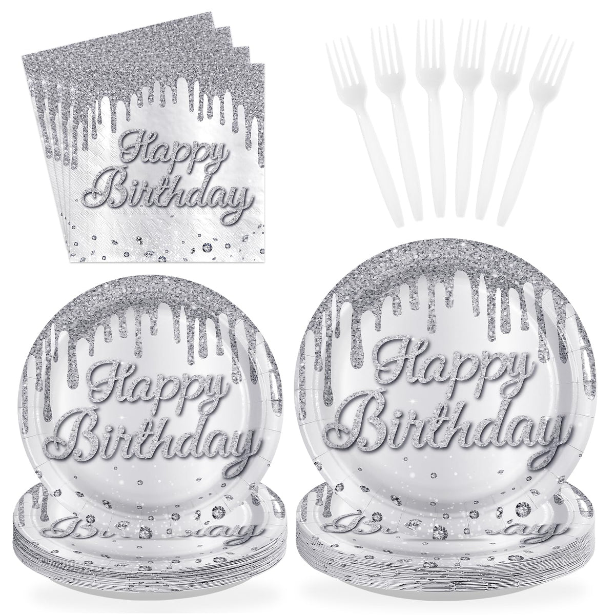 96 Pcs Silver Glitter Birthday Party Plates and Napkins - Grencian