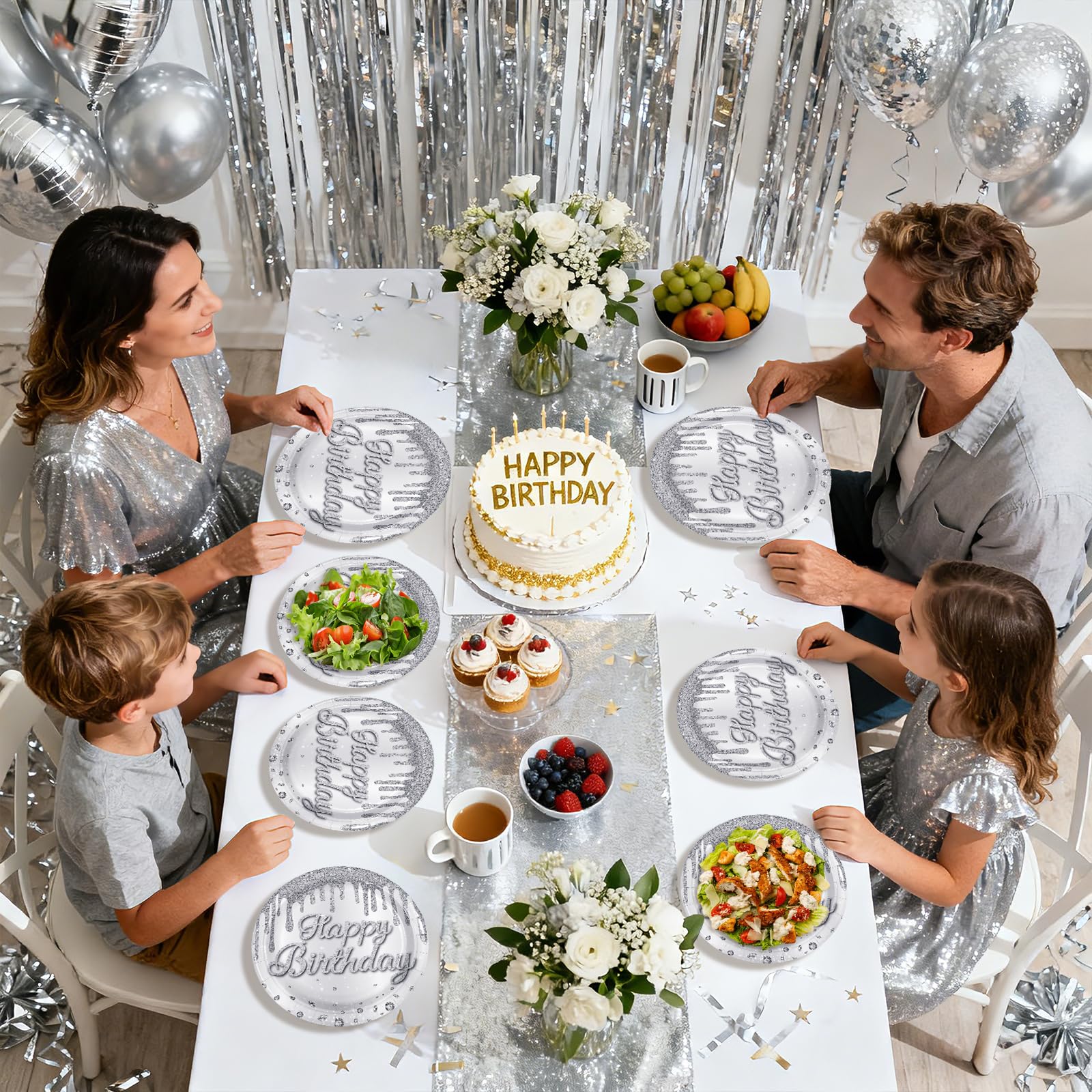 96 Pcs Silver Glitter Birthday Party Plates and Napkins - Grencian