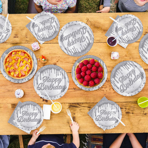 96 Pcs Silver Glitter Birthday Party Plates and Napkins - Grencian